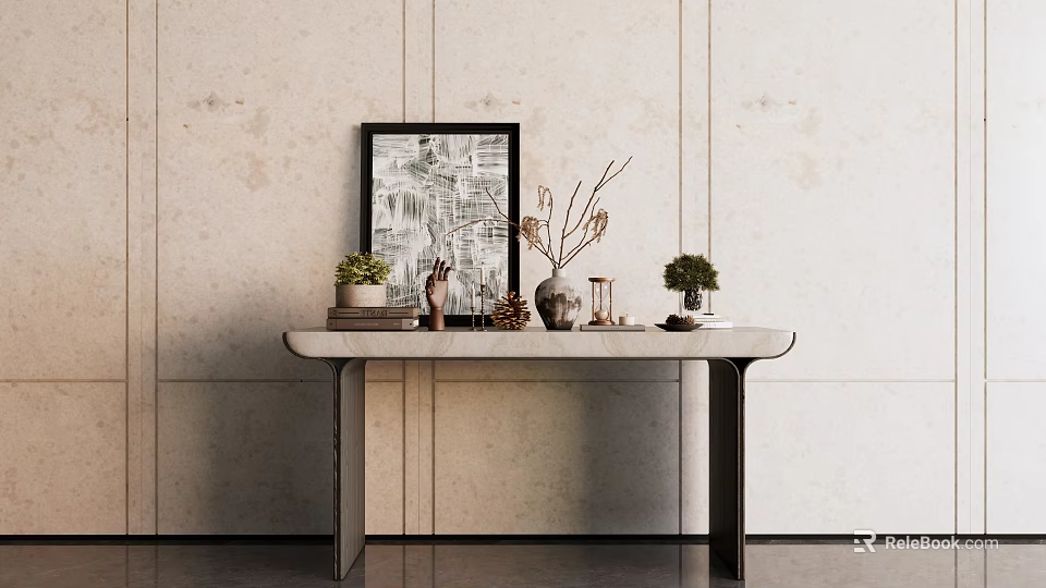 Stylish Decorative Ornament Combination on Modern Console Table with Framed Artwork Small Plants and Vases 3d model