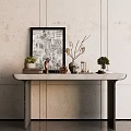Stylish Decorative Ornament Combination on Modern Console Table with Framed Artwork Small Plants and Vases 3d model