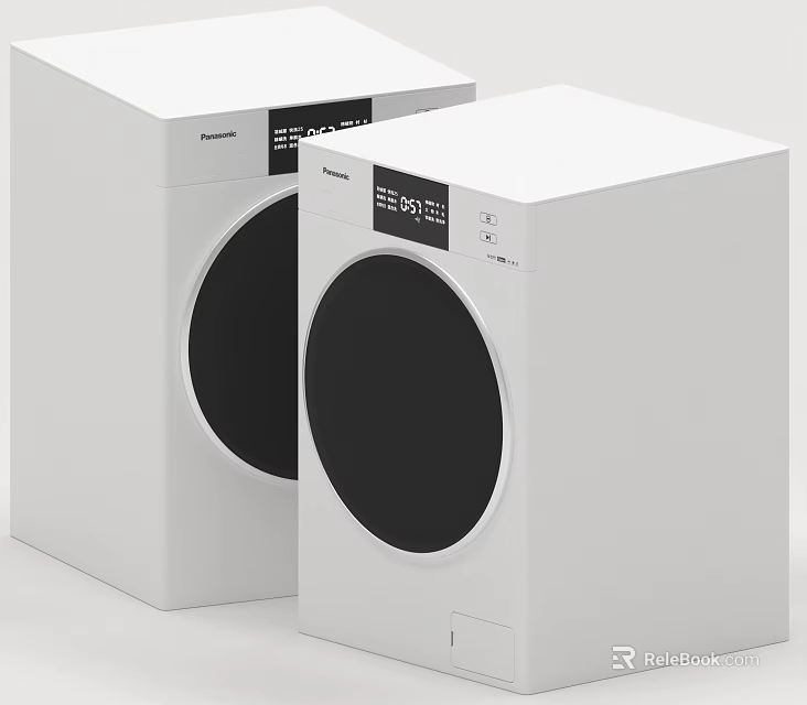 Two White Panasonic Front Loading Washing Machines With Digital Display And Modern Design 3d model