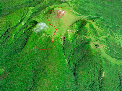 Aerial View of Green Mountainous Volcanic Terrain With Red Trail and Crater 3d model