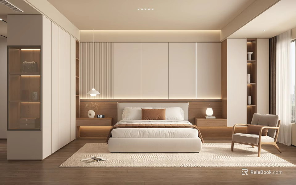 Elegant Modern Bedroom Interior With Platform Bed Nightstands Pendant Light And Accent Chair 3d model 