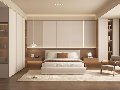 Elegant Modern Bedroom Interior With Platform Bed Nightstands Pendant Light And Accent Chair 3d model