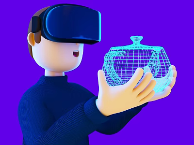 Person Wearing VR Headset Holding Virtual Wireframe Creature On Purple Background 3d model