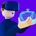 Person Wearing VR Headset Holding Virtual Wireframe Creature On Purple Background