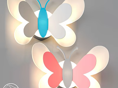 Decorative Blue And Pink Butterfly Wall Lamps With Soft Glow On Gray Wall 3d model