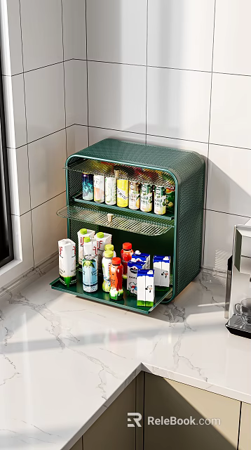 Green Metal Mesh Kitchen Storage Rack With Multi Layer For Organizing Drinks And Milk Cartons 3d model 