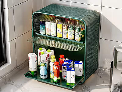 Green Metal Mesh Kitchen Storage Rack With Multi Layer For Organizing Drinks And Milk Cartons 3d model