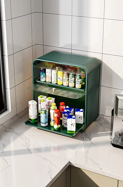 Green Metal Mesh Kitchen Storage Rack With Multi Layer For Organizing Drinks And Milk Cartons 3d model