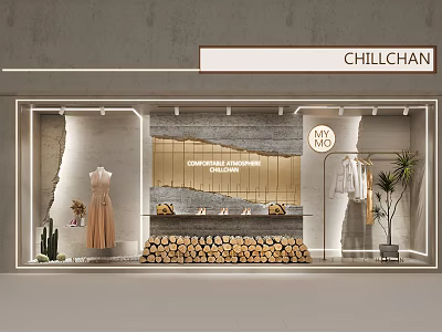CHILLCHAN Modern Shop Window Display With Clothing Items Wood Logs And Potted Plant 3d model