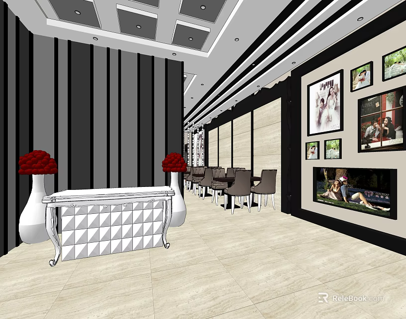 Elegant Bridal Shop Interior With White Reception Desk Red Flower Vases And Wedding 3d model 
