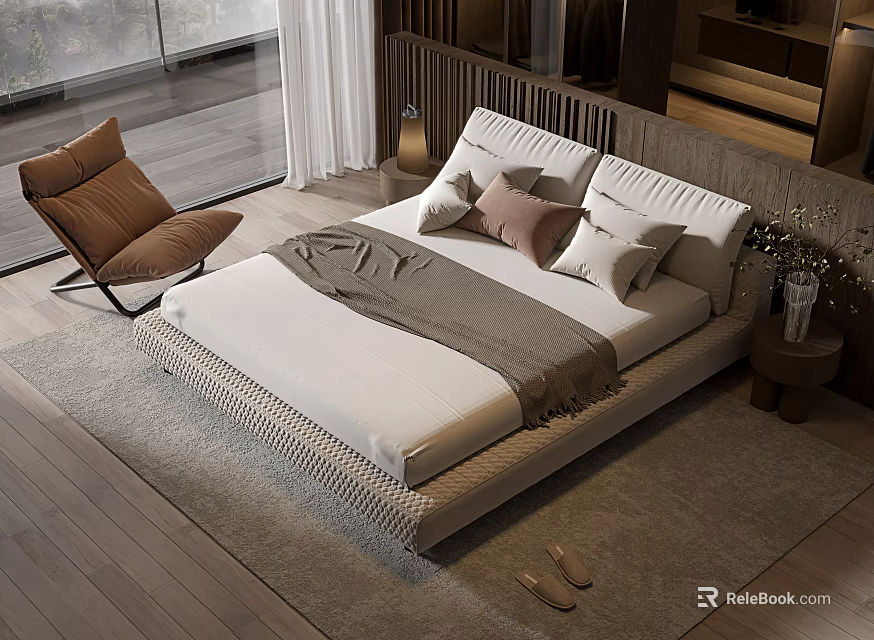 Modern Double Bed With Pillows Throw Blanket On Wooden Floor And Accent Chair 3d model 