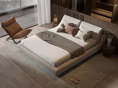 Modern Double Bed With Pillows Throw Blanket On Wooden Floor And Accent Chair 3d model