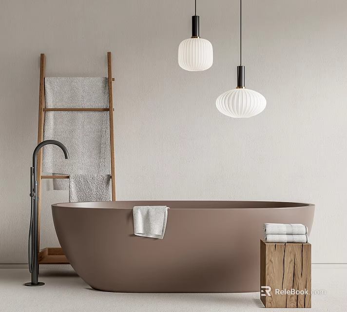 Modern Bathtub In Minimalist Bathroom With Towels Ladder And Lighting 3d model 