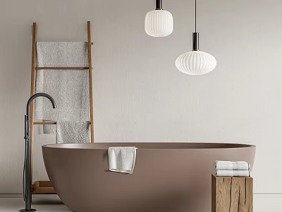 Modern Bathtub In Minimalist Bathroom With Towels Ladder And Lighting 3d model