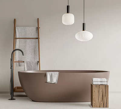 Modern Bathtub In Minimalist Bathroom With Towels Ladder And Lighting 3d model
