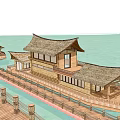 Scenic Waterfront Area With Traditional Wooden Buildings And Covered Boats Near Mountains