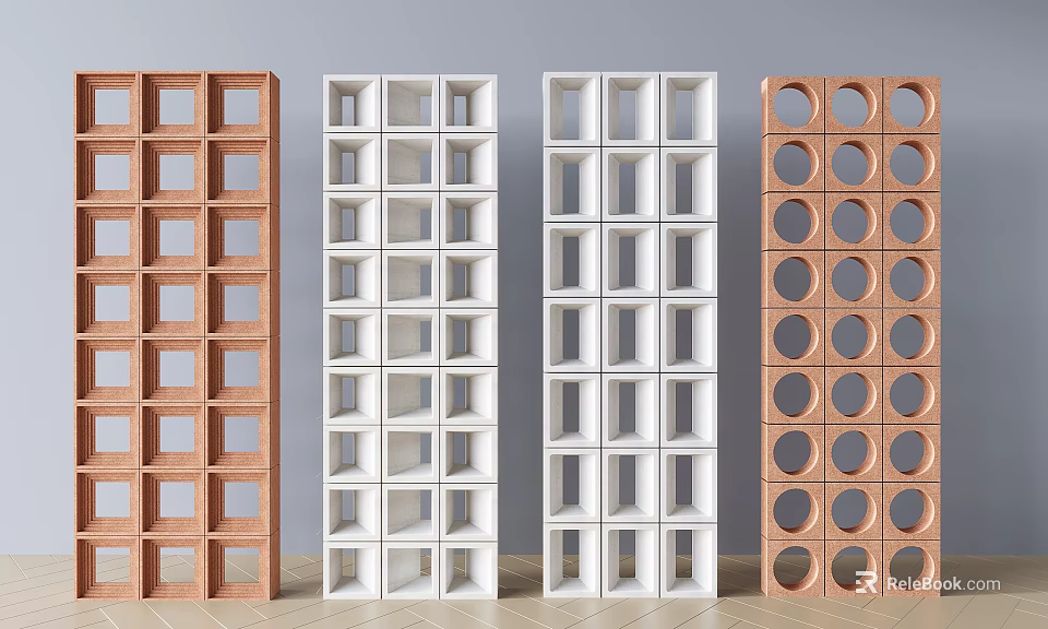 Modern Room Dividers With Wooden White Copper Grid And Circular Cutout Designs 3d model 
