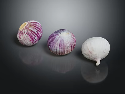 Three Fresh Garlic Bulbs Purple Striped And White Varieties On Dark Reflective Surface 3d model