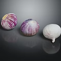 Three Fresh Garlic Bulbs Purple Striped And White Varieties On Dark Reflective Surface