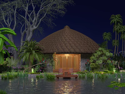 Rustic Thatched Roof Homestay Building with Warm Lighting Surrounded by Greenery and Water at Night 3d model