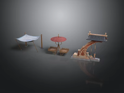 Traditional Chinese Scene Components With Blue Canopy Red Umbrella And Wooden Decorative Structure 3d model