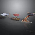 Traditional Chinese Scene Components With Blue Canopy Red Umbrella And Wooden Decorative Structure