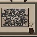 Black And White Abstract Painting On Wall With Ceramic Vase And Twigs