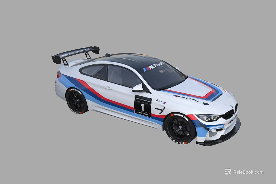 BMW Race Car With White Body Blue Red Stripes Black Roof Spoiler And Number 1 3d model 