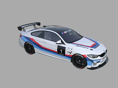 BMW Race Car With White Body Blue Red Stripes Black Roof Spoiler And Number 1 3d model