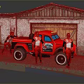 Stylish Game Movie Characters in Red Uniform with Classic Red Truck near Garage Building