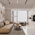 Bright Modern Minimalist Open Dining And Living Room With Cozy Sofas And Storage Cabinets