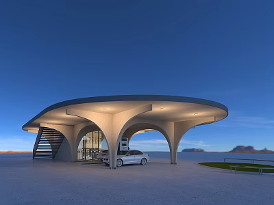 Modern EV Charging Station With Curved Roof White Structure And Blue Sky 3d model