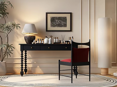 Elegant Dressing Table With Table Lamp Cosmetics Framed Painting And Red Cushioned Chair 3d model