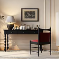 Elegant Dressing Table With Table Lamp Cosmetics Framed Painting And Red Cushioned Chair