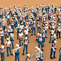 Game and Movie Characters in Work Uniforms with Safety Helmets in Crowd of Various Poses