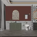 Light Green Dark Gray Bathroom Cabinets With Arched Round Mirrors Red Wall Geometric Pattern 3d model