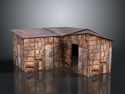 Weathered Wooden Building With Rustic Planks Roof And Simple Entrance Structure 3d model