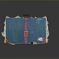 Blue Business Equipment Suitcase With Pink Strap Brown Handle And Cash Bills Spilled Around