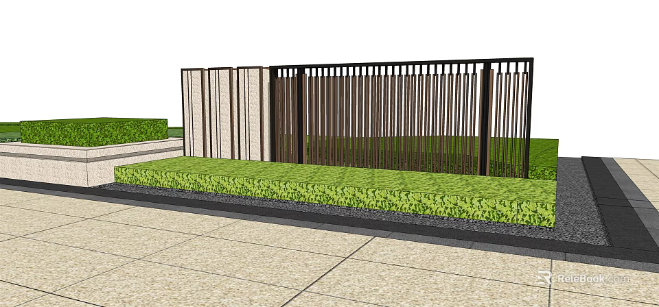 Modern Garden Wall With Vertical Slats Design Green Lawn And Stone Pavement 3d model 