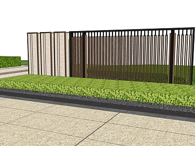 Modern Garden Wall With Vertical Slats Design Green Lawn And Stone Pavement 3d model