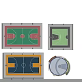 Modern Basketball Court Design With Multicolored Surfaces Fencing And Lighting Fixtures