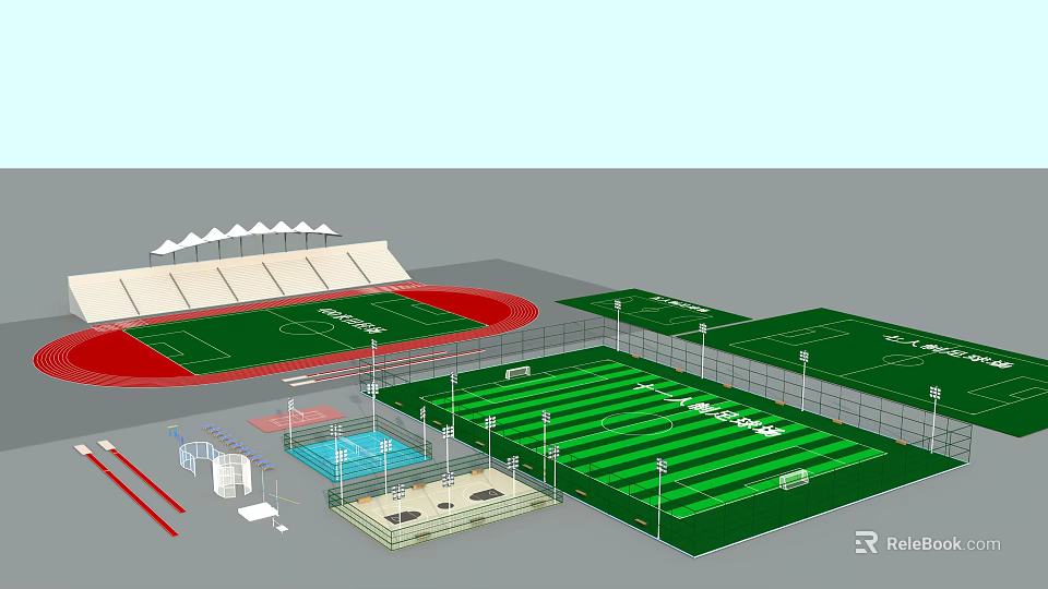 Sports Complex Design With Football Fields Running Track And Swimming Pool 3d model 