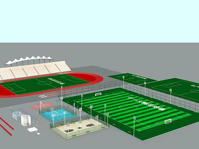 Sports Complex Design With Football Fields Running Track And Swimming Pool 3d model