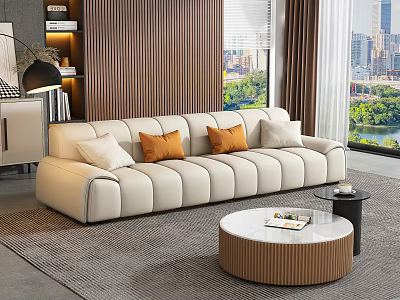 Light Colored Large Sofa With Orange Pillows And Round Coffee Table By City Window 3d model