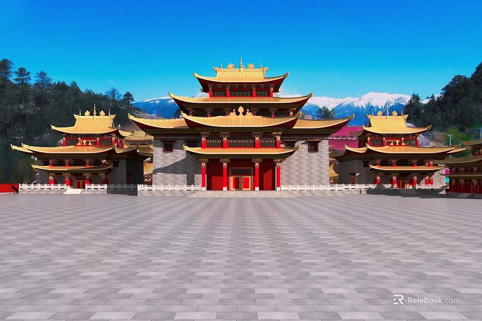 Ancient Chinese Architecture With Golden Roofs Red Pillars And Spacious Plaza Against Blue Sky 3d model 