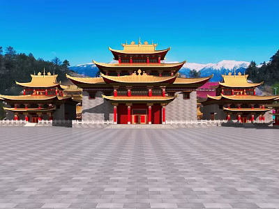 Ancient Chinese Architecture With Golden Roofs Red Pillars And Spacious Plaza Against Blue Sky 3d model