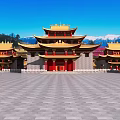 Ancient Chinese Architecture With Golden Roofs Red Pillars And Spacious Plaza Against Blue Sky