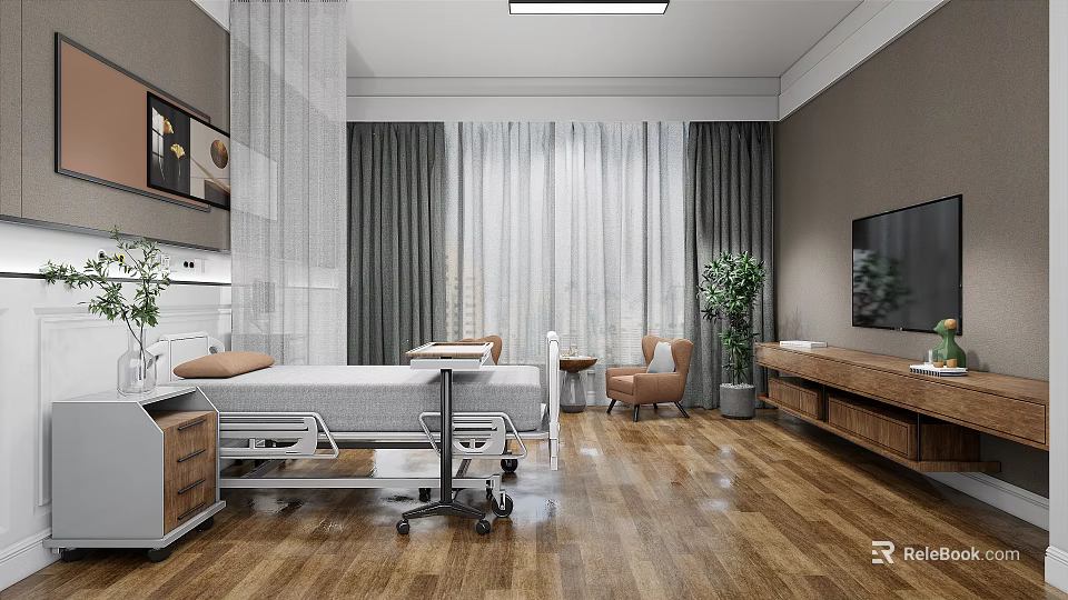 Modern Hospital Outpatient Clinic Room With Comfortable Bed Medical Equipment Curtains TV And Wooden Flooring 3d model 