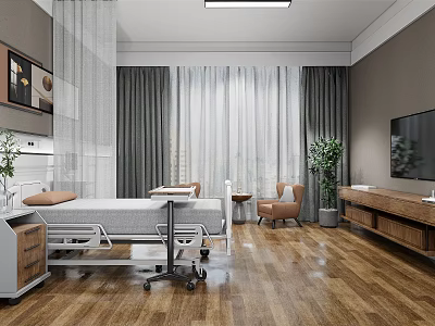 Modern Hospital Outpatient Clinic Room With Comfortable Bed Medical Equipment Curtains TV And Wooden Flooring 3d model