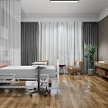 Modern Hospital Outpatient Clinic Room With Comfortable Bed Medical Equipment Curtains TV And Wooden Flooring